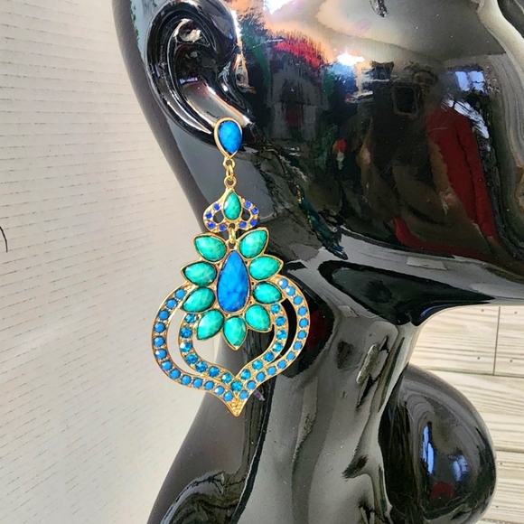 Large Glam Statement Blue Green Earrings - Picture 9 of 9